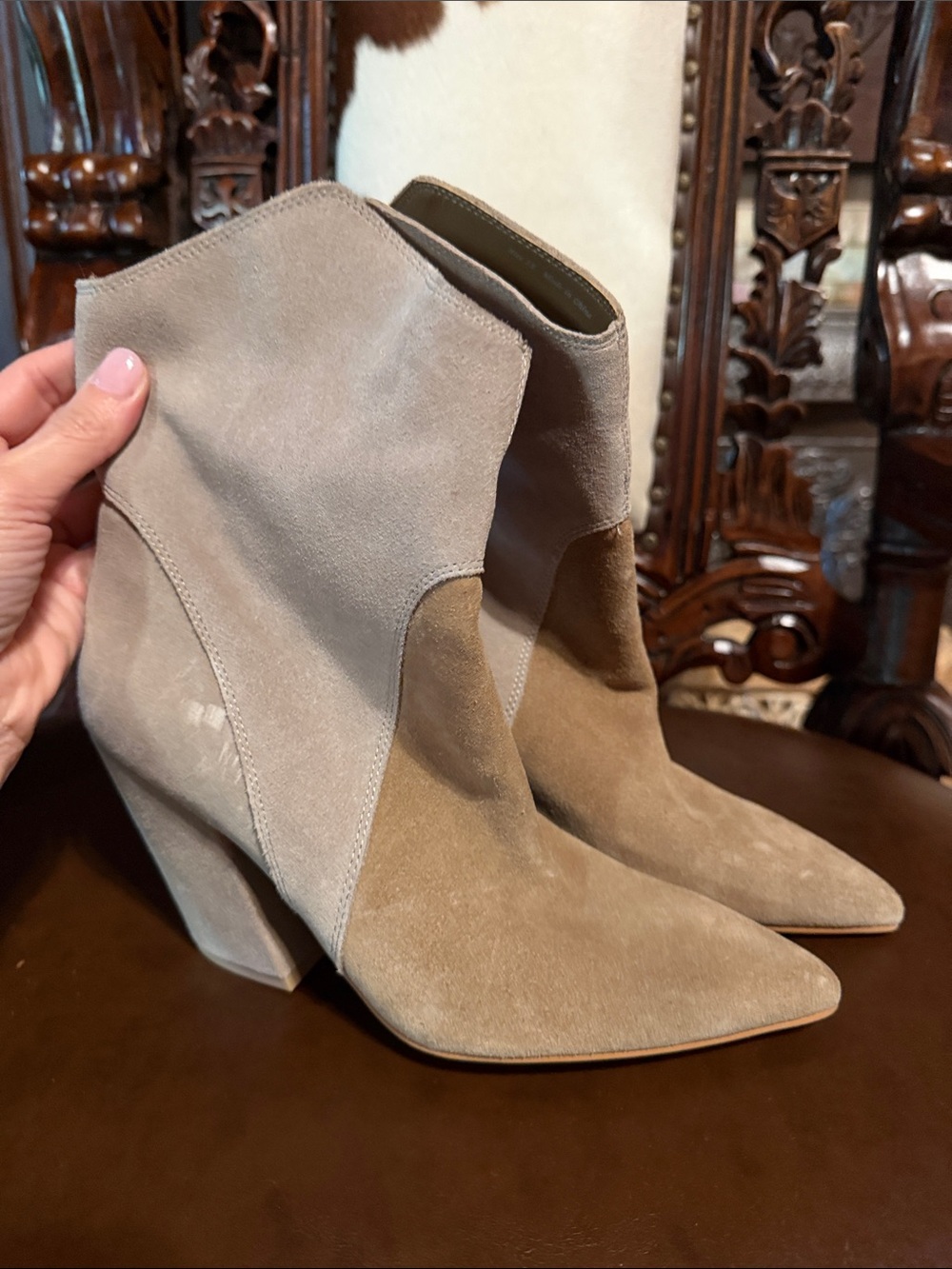 Dolce Vita Two-Tone Suede Pointed Ankle Boots in Taupe and Camel